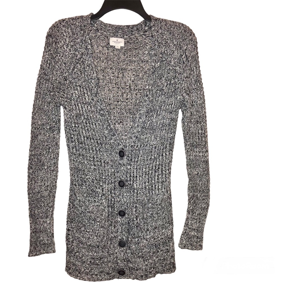 American Eagle Cotton Button Front Cardigan Heather Marled Black White‎ Small
